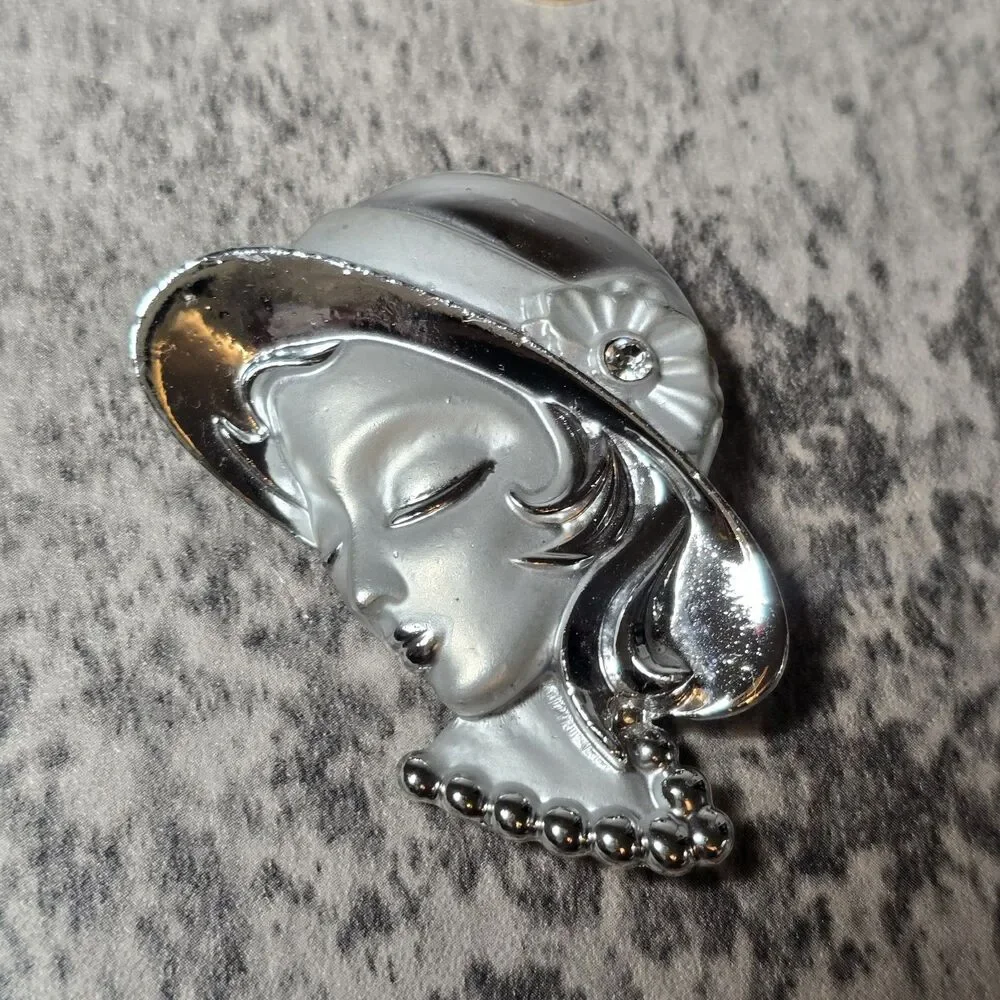 Silver Tone Page Girl Lady Head Brooch MCM 2.5